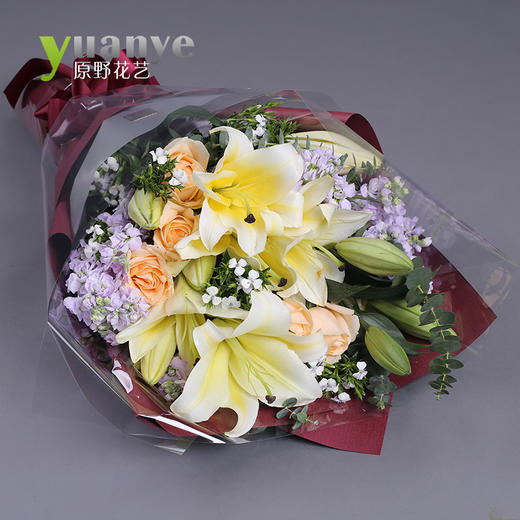 黄百合+香槟玫瑰花束 商品图0