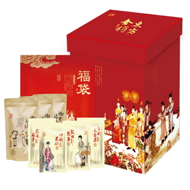 福寿康宁礼盒挑选3款干货搭配4款炒货果脯,采用大红的东方金樽长方