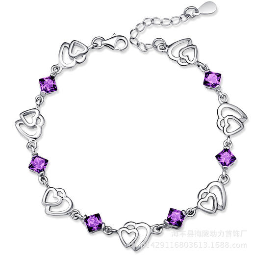【手链】日韩简约百搭优雅925银双心镶紫水晶锆石手链送女友礼物饰品手链 商品图0