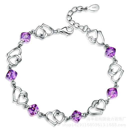【手链】日韩简约百搭优雅925银双心镶紫水晶锆石手链送女友礼物饰品手链 商品图1