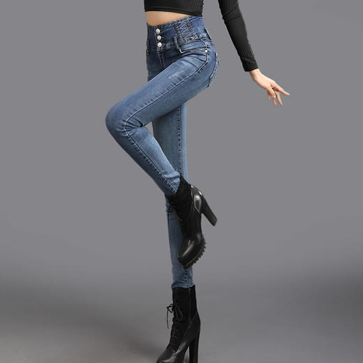 【牛仔裤】高腰女士长裤显瘦小脚裤弹力修身排扣春秋季大码铅笔女裤子 商品图4