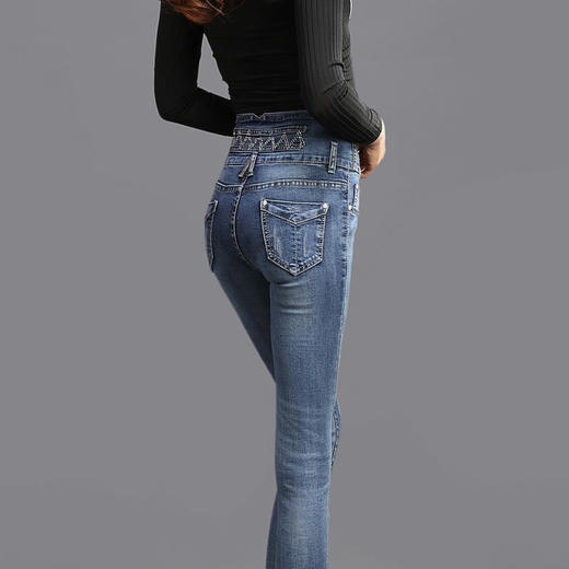 【牛仔裤】高腰女士长裤显瘦小脚裤弹力修身排扣春秋季大码铅笔女裤子 商品图2