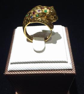 18K黄金红蓝宝石豹头戒指