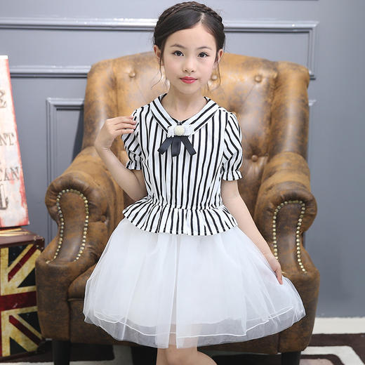 【女童裙子】春款童裙 中大童韩版女童翻领短袖条纹修身连衣裙 潮 商品图2