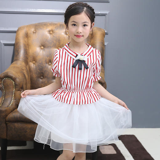 【女童裙子】春款童裙 中大童韩版女童翻领短袖条纹修身连衣裙 潮 商品图0