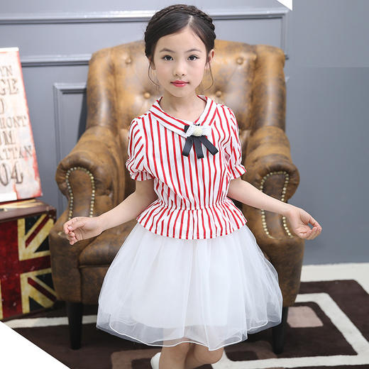 【女童裙子】春款童裙 中大童韩版女童翻领短袖条纹修身连衣裙 潮 商品图1