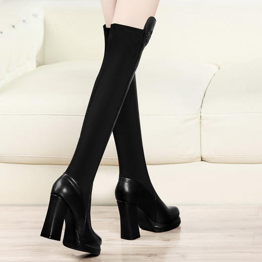 女靴2015秋冬新款高跟长靴粗跟过膝靴弹力靴圆头欧美女鞋【优美】