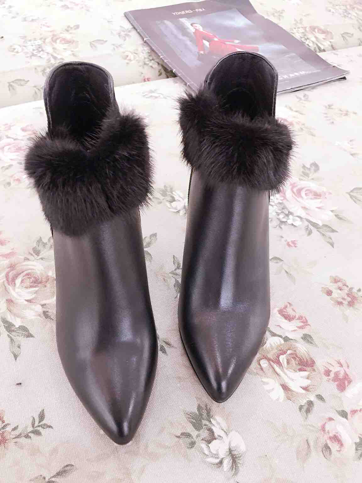 银淘节卡迪高2015冬季新款牛皮鞋口水貂毛女细跟高跟女鞋女短靴161e