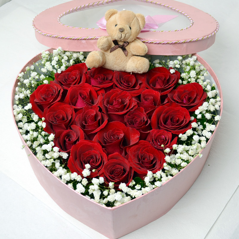 玫瑰心形礼盒 - 七彩鲜花